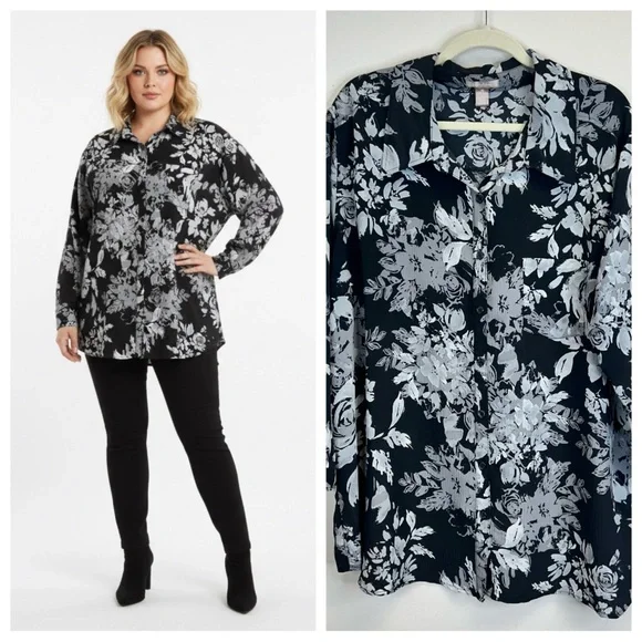 Floral Dark Romantic Button Up Black Gray Top Plus Size 3X Goth Whimsigoth Work - Picture 1 of 12